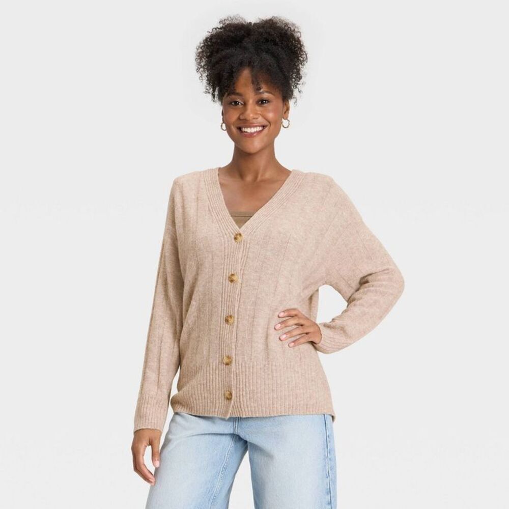 Women's Knit Ribbed Cardigan - Universal Thread Tan S